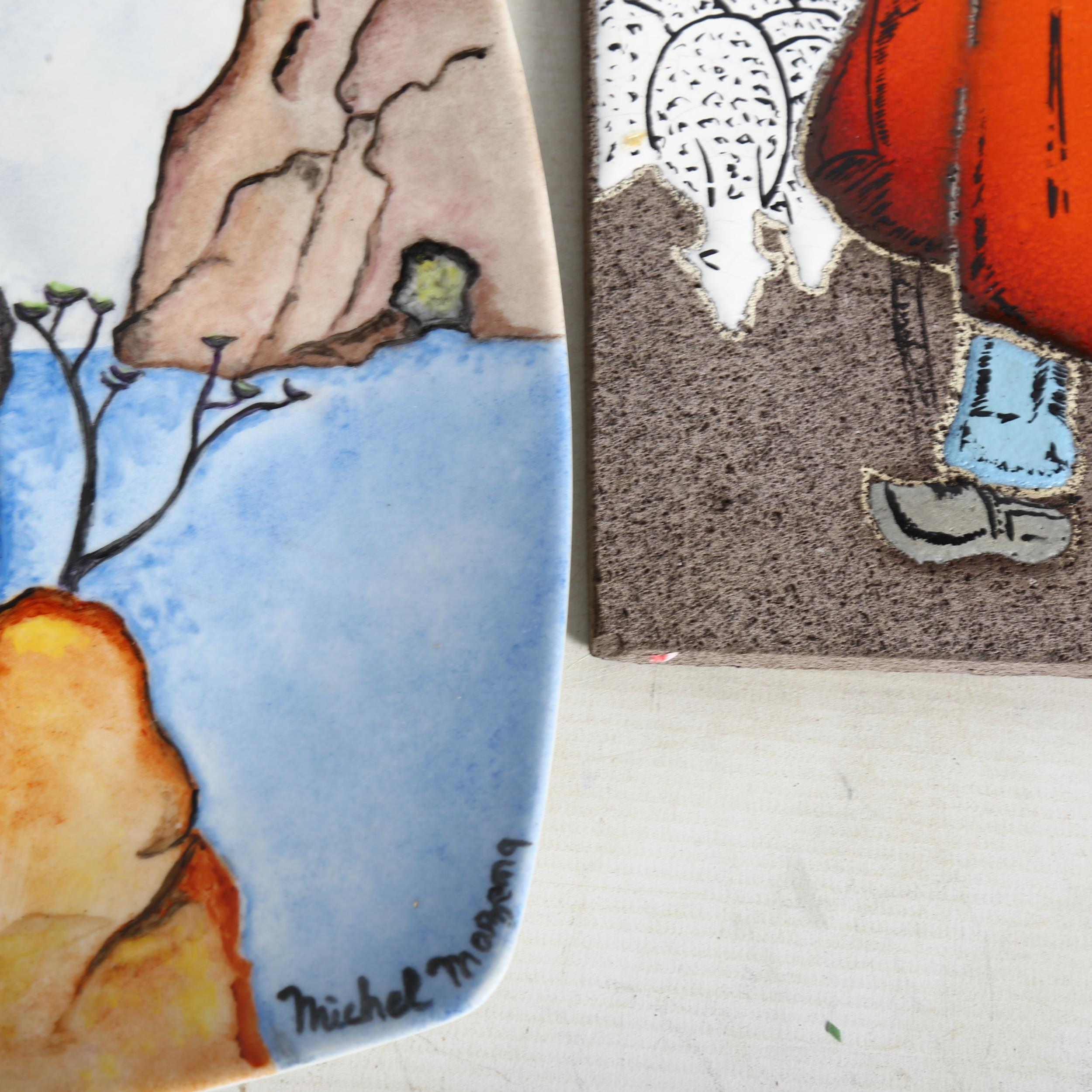 Two hand painted plates by Michel Mazeng, France, both signed and a French Lava tile depicting - Image 2 of 2