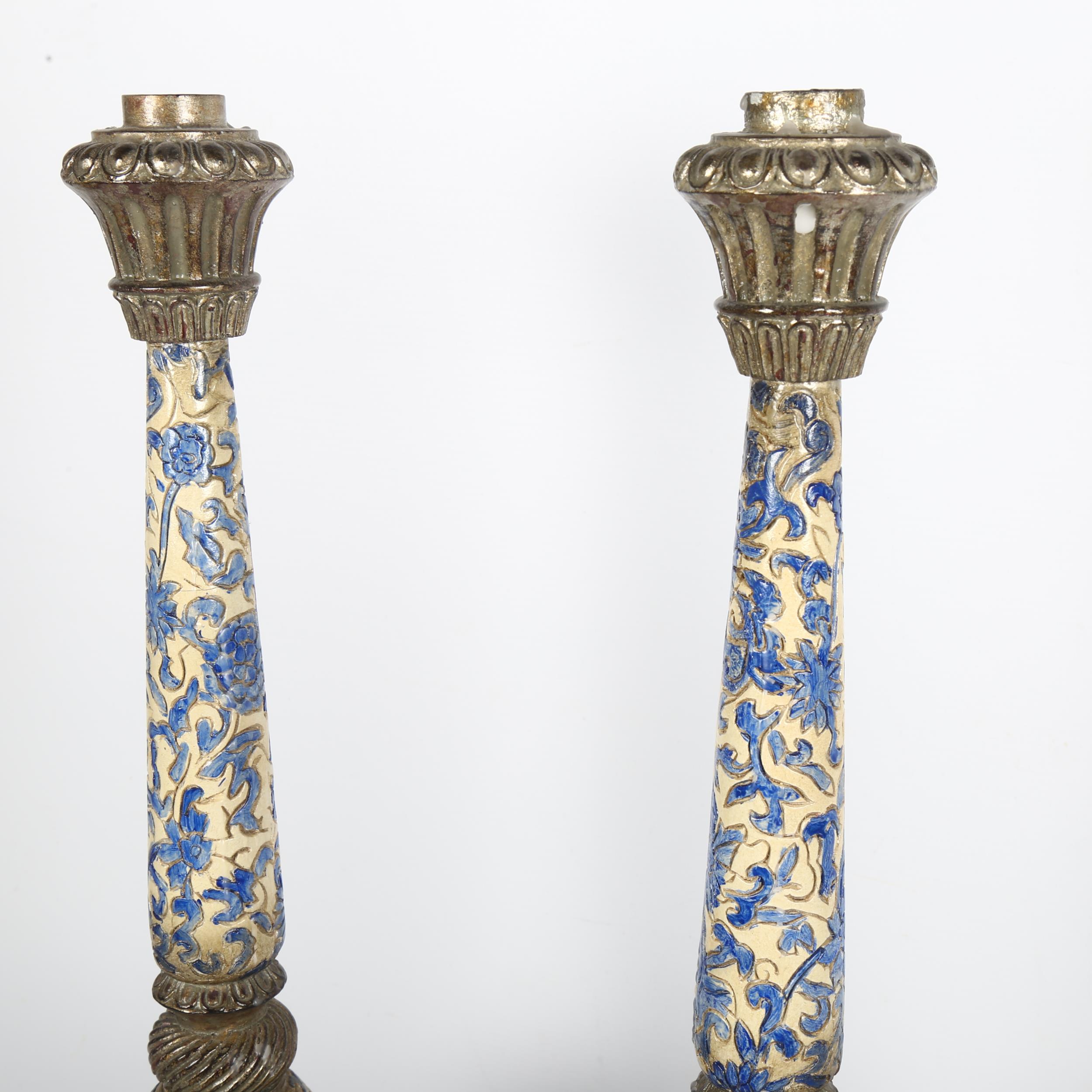 A pair of long-necked stoneware candle stands with metal mounts, H52cm Both appear to have been - Image 2 of 2