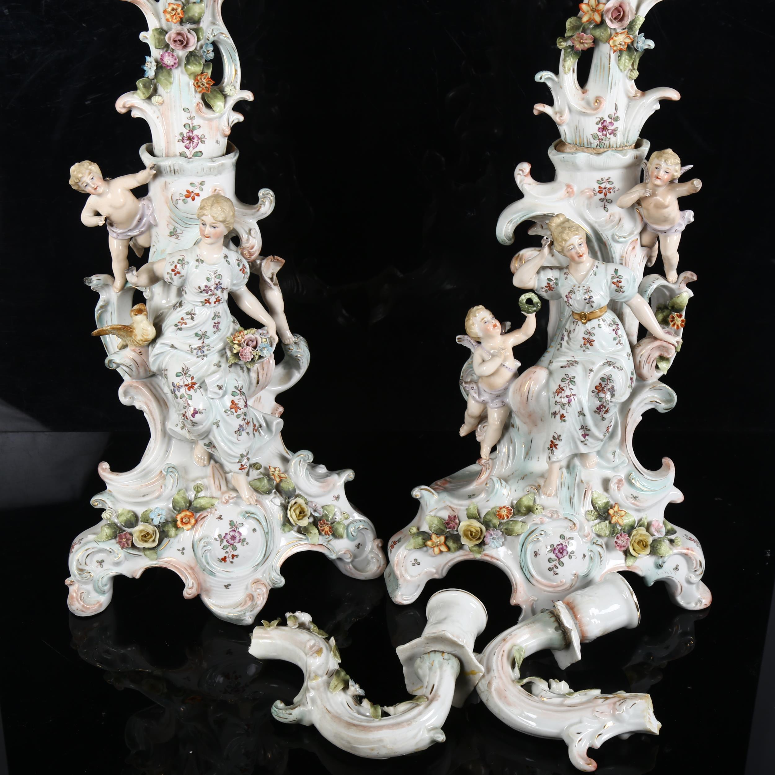 A pair of Antique German 6-branch table candelabras, encrusted with painted flowers, figures and - Image 2 of 2