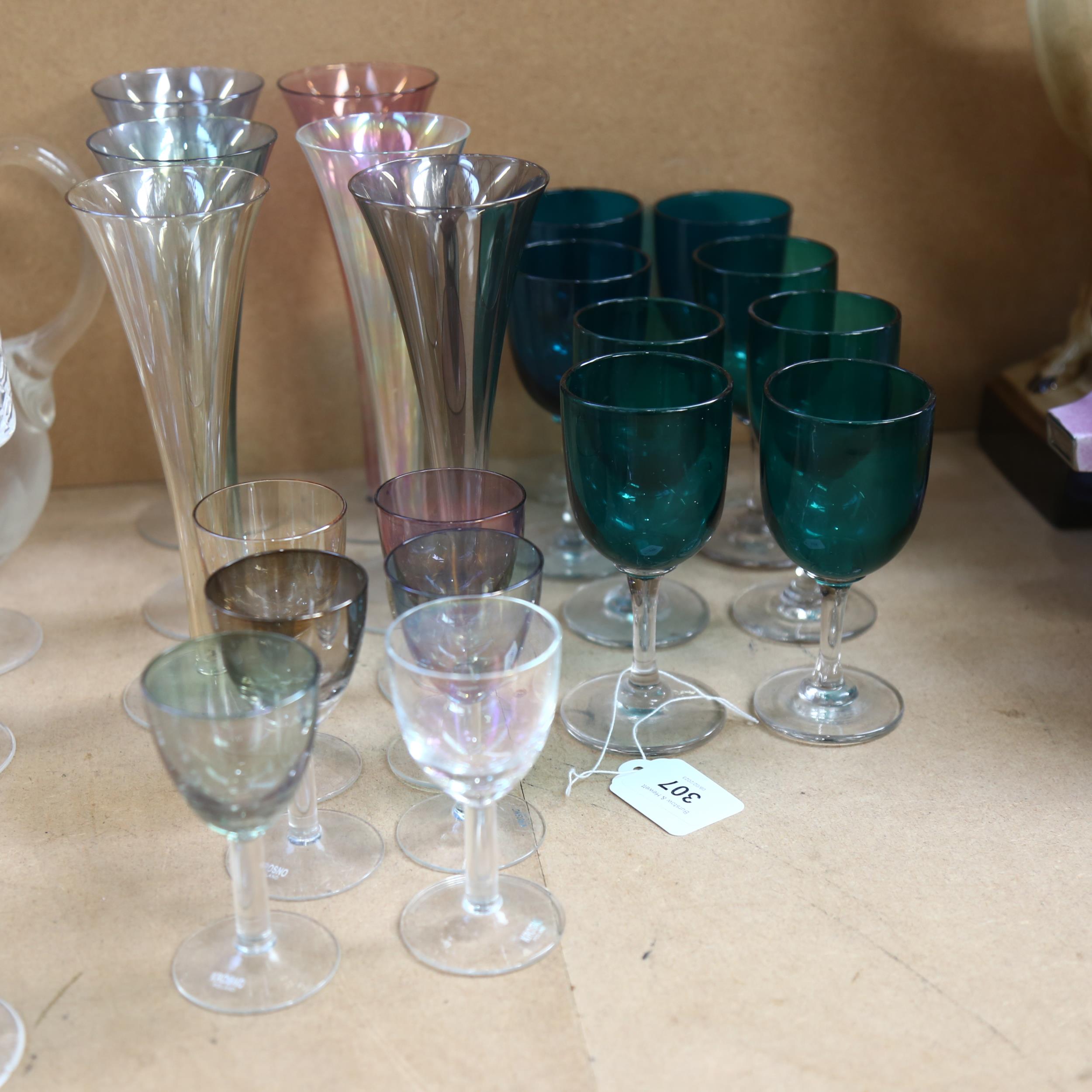 8 Bristol green glass Port wine glasses with clear stems, 6 Krosno Polish lustre Sherry glasses, 6