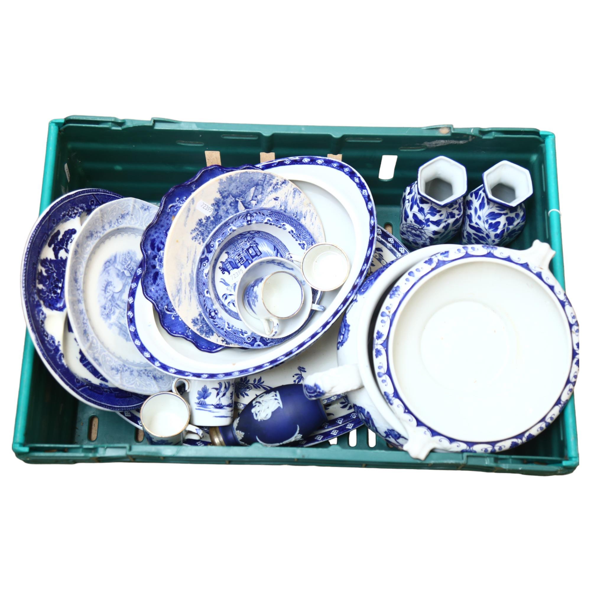 A quantity of various Vintage blue and white ceramics, including Copeland Spode, Vine, Burleigh