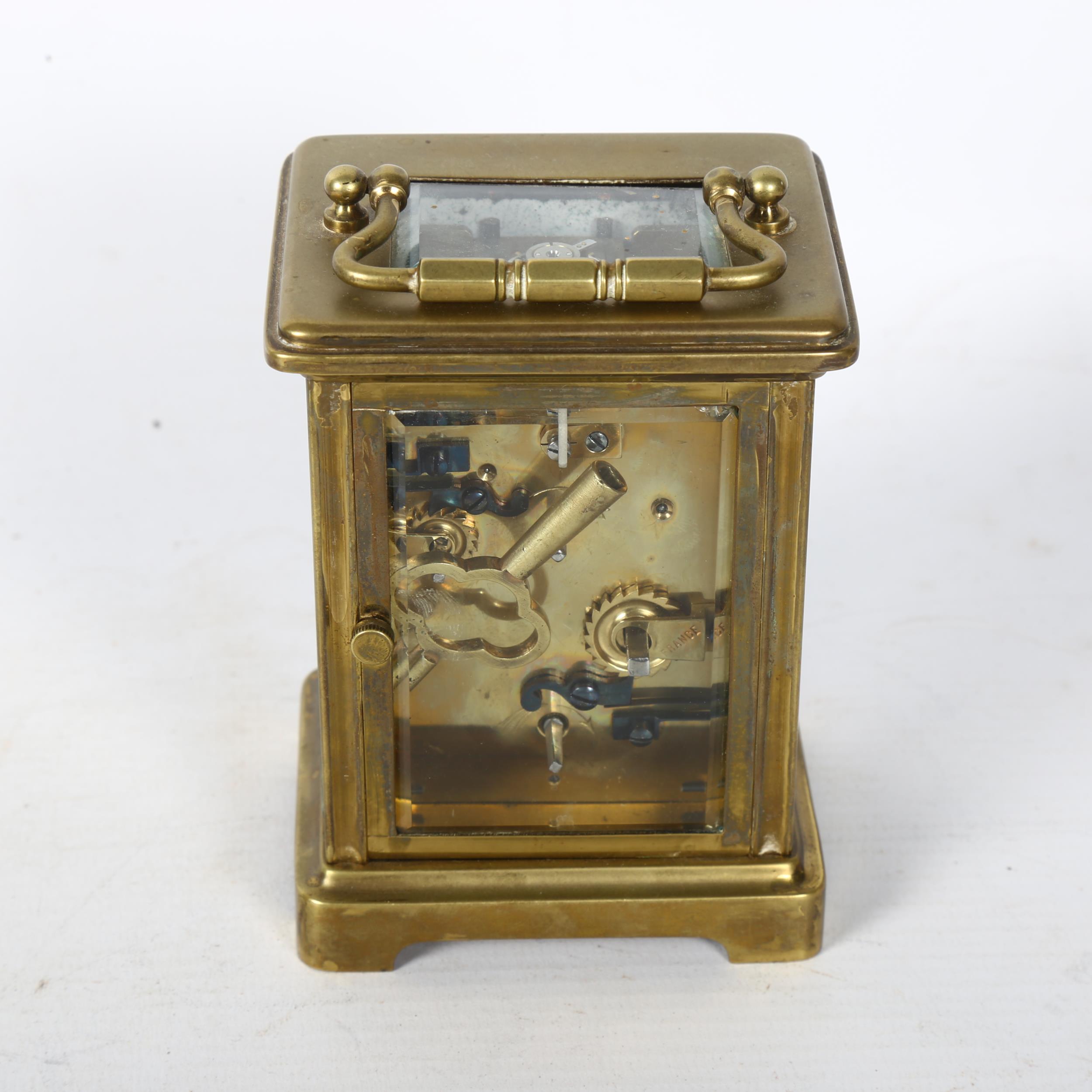 J C VICKERY - a brass-cased carriage clock with enamel dial, Romany numerals and alarm dial, - Image 2 of 2