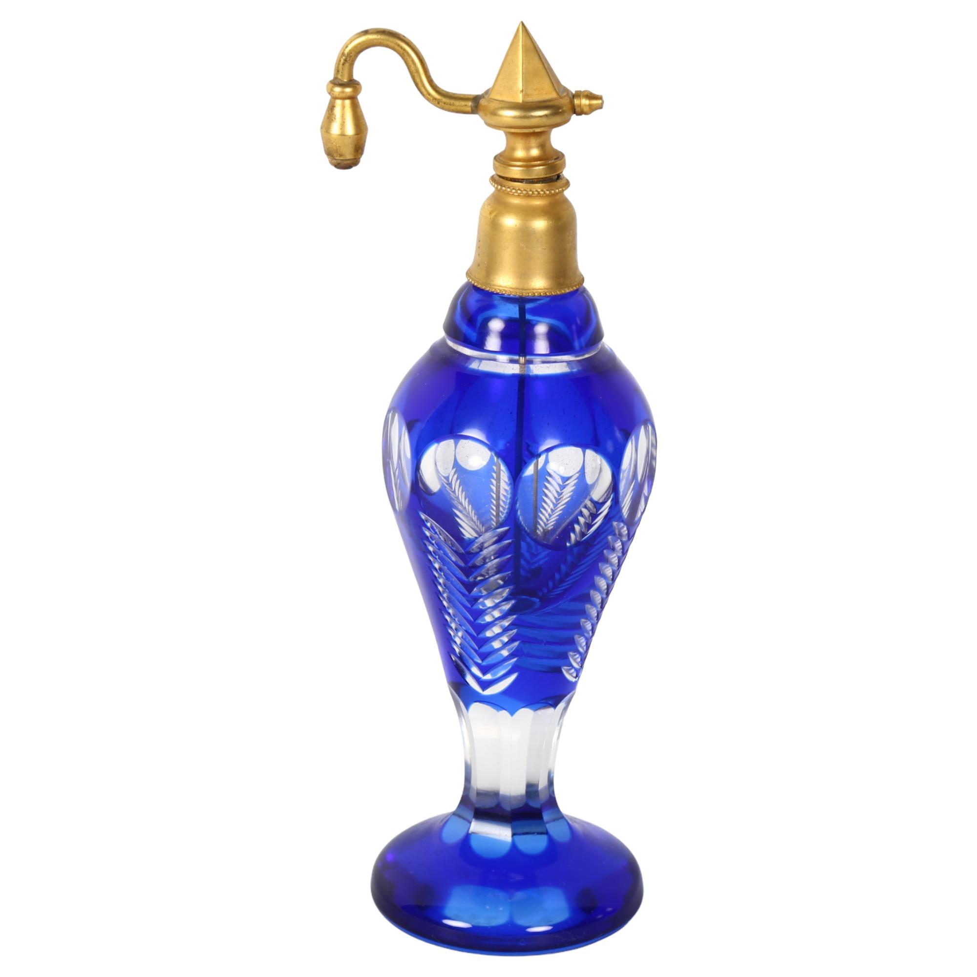 A 19th century Bristol blue overlay glass atomiser perfume bottle, height 18cm