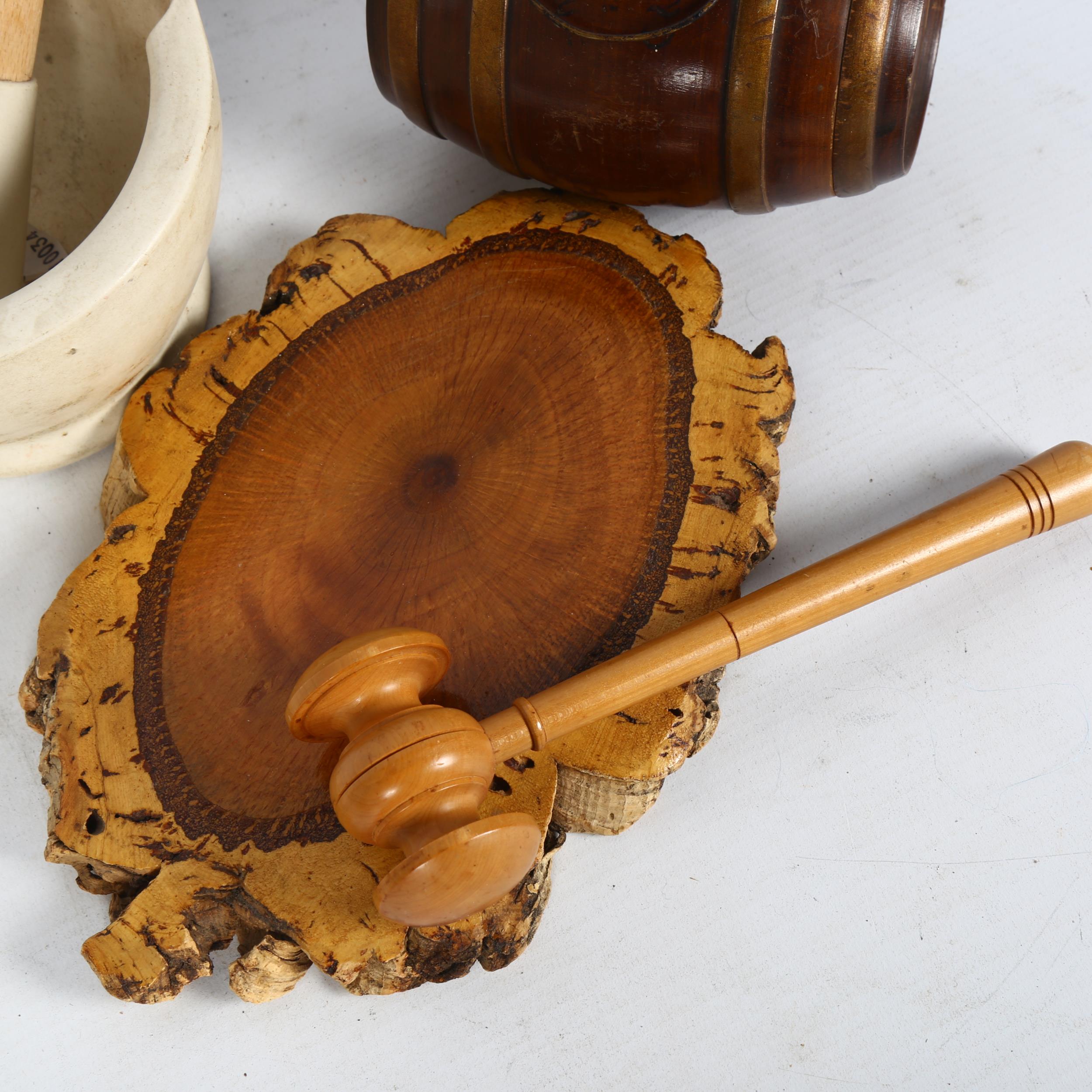 A Wedgwood stoneware pestle and mortar, a turned wood barrel, and a turned wood gavel and stand - Image 2 of 2