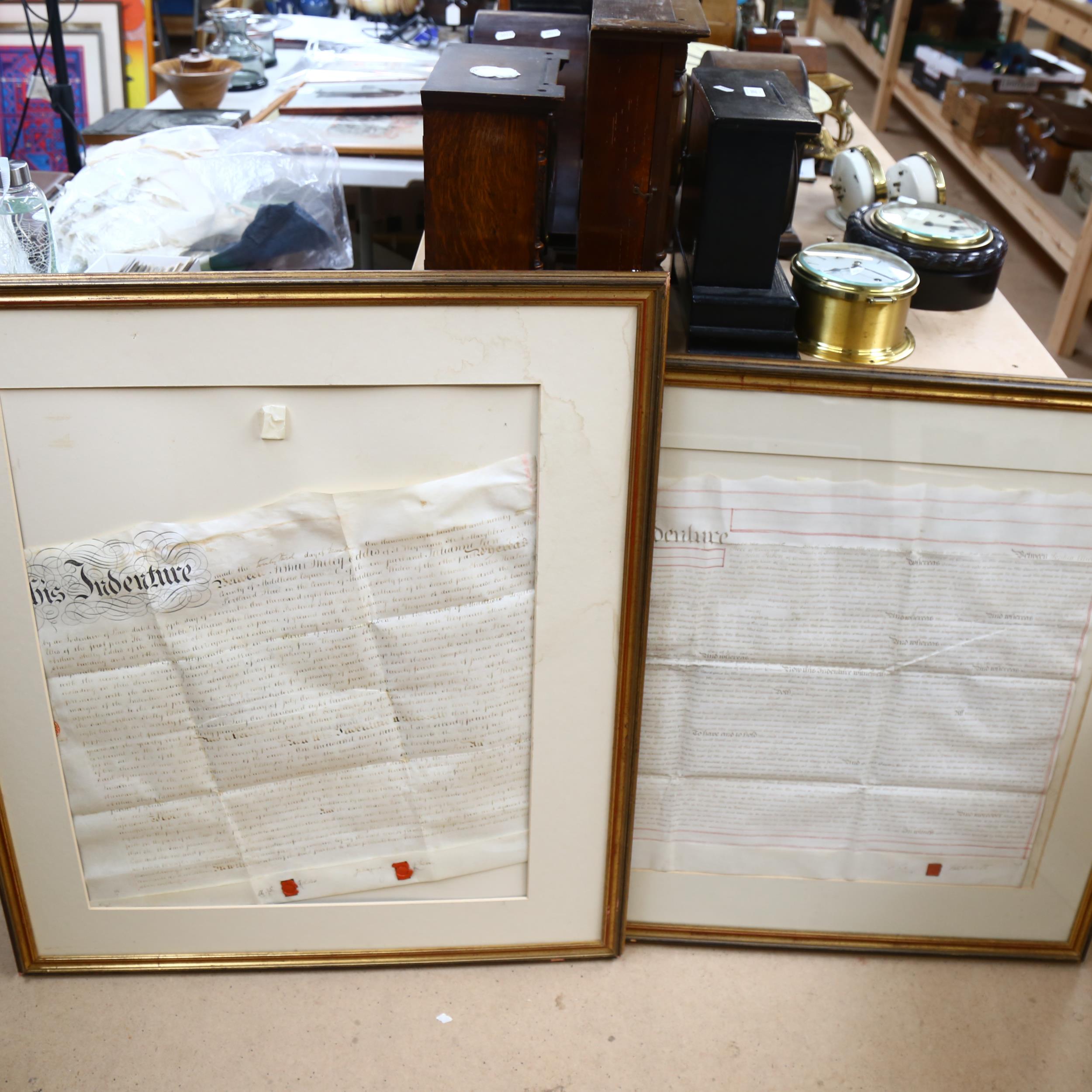 A quantity of Antique velum Indentures, complete with wax seal, framed, largest 86cm x 100cm (3) - Image 2 of 2