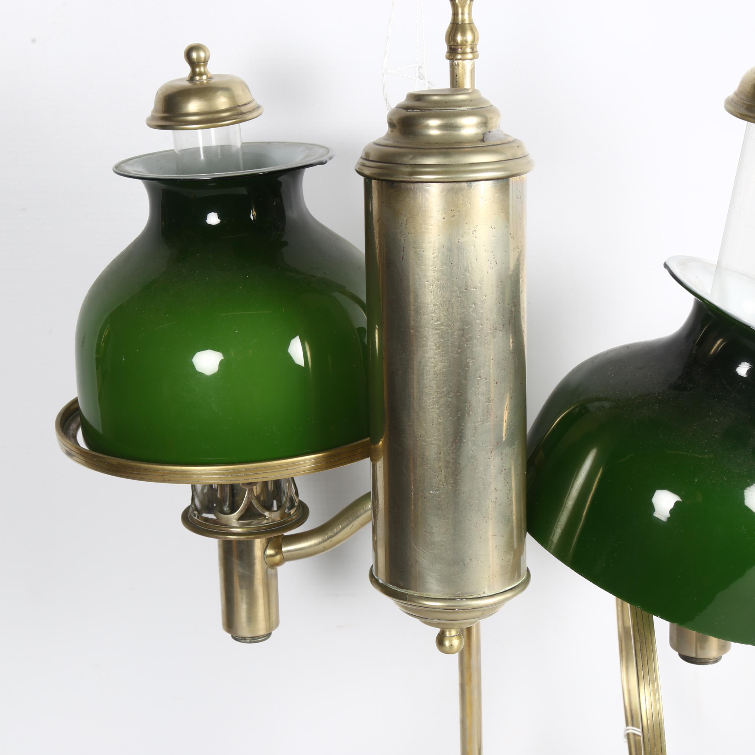 MILLER & SONS PICADILLY - a polished brass double adjustable student's oil lamp, with green glass - Image 2 of 2