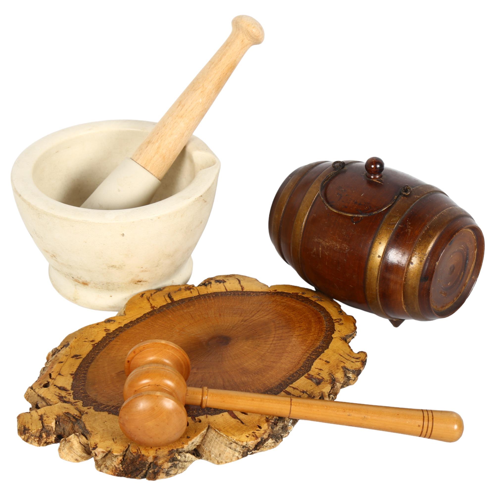 A Wedgwood stoneware pestle and mortar, a turned wood barrel, and a turned wood gavel and stand