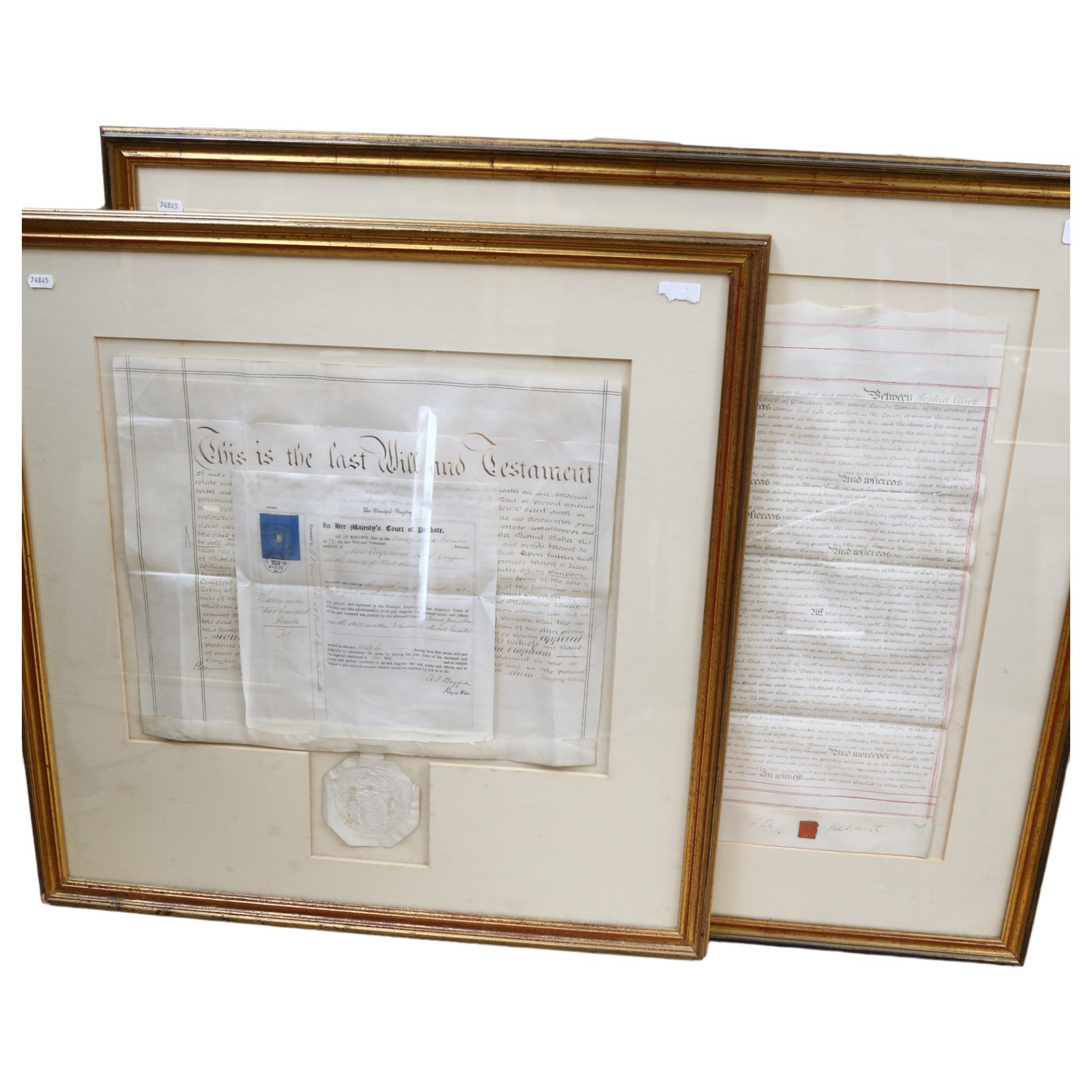 A quantity of Antique velum Indentures, complete with wax seal, framed, largest 86cm x 100cm (3)