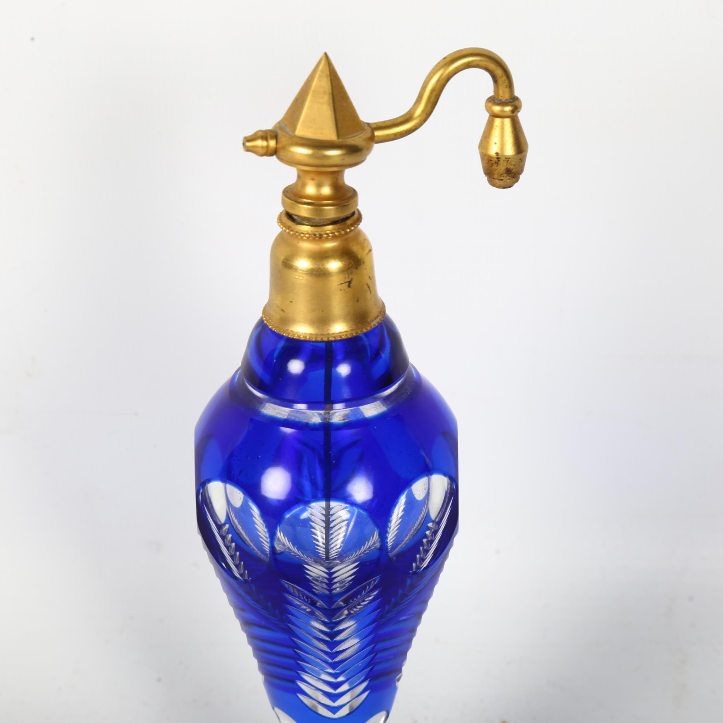 A 19th century Bristol blue overlay glass atomiser perfume bottle, height 18cm - Image 2 of 2