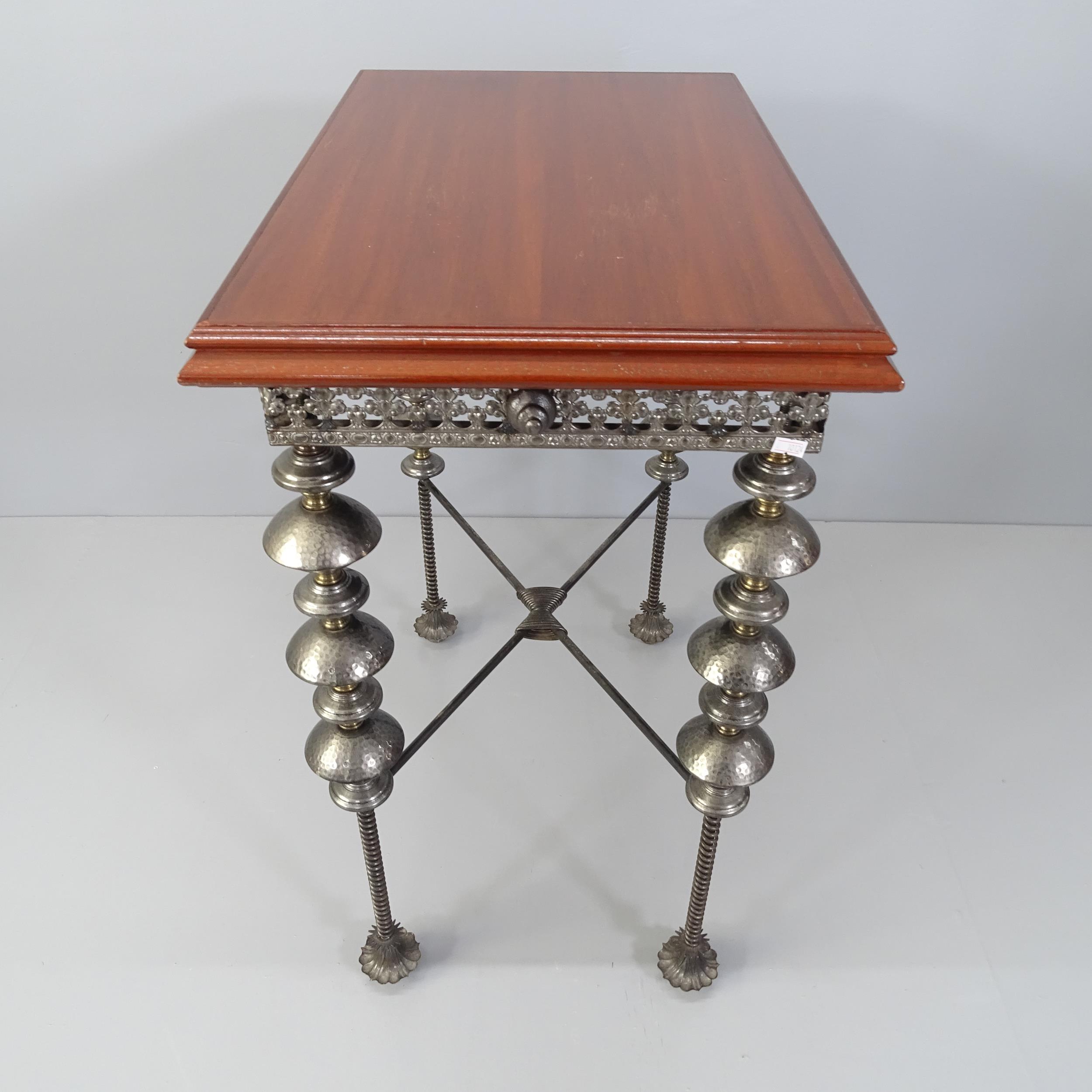 An unusual design side or lamp table, with the mahogany top on ornate base with beaten metal - Image 2 of 2
