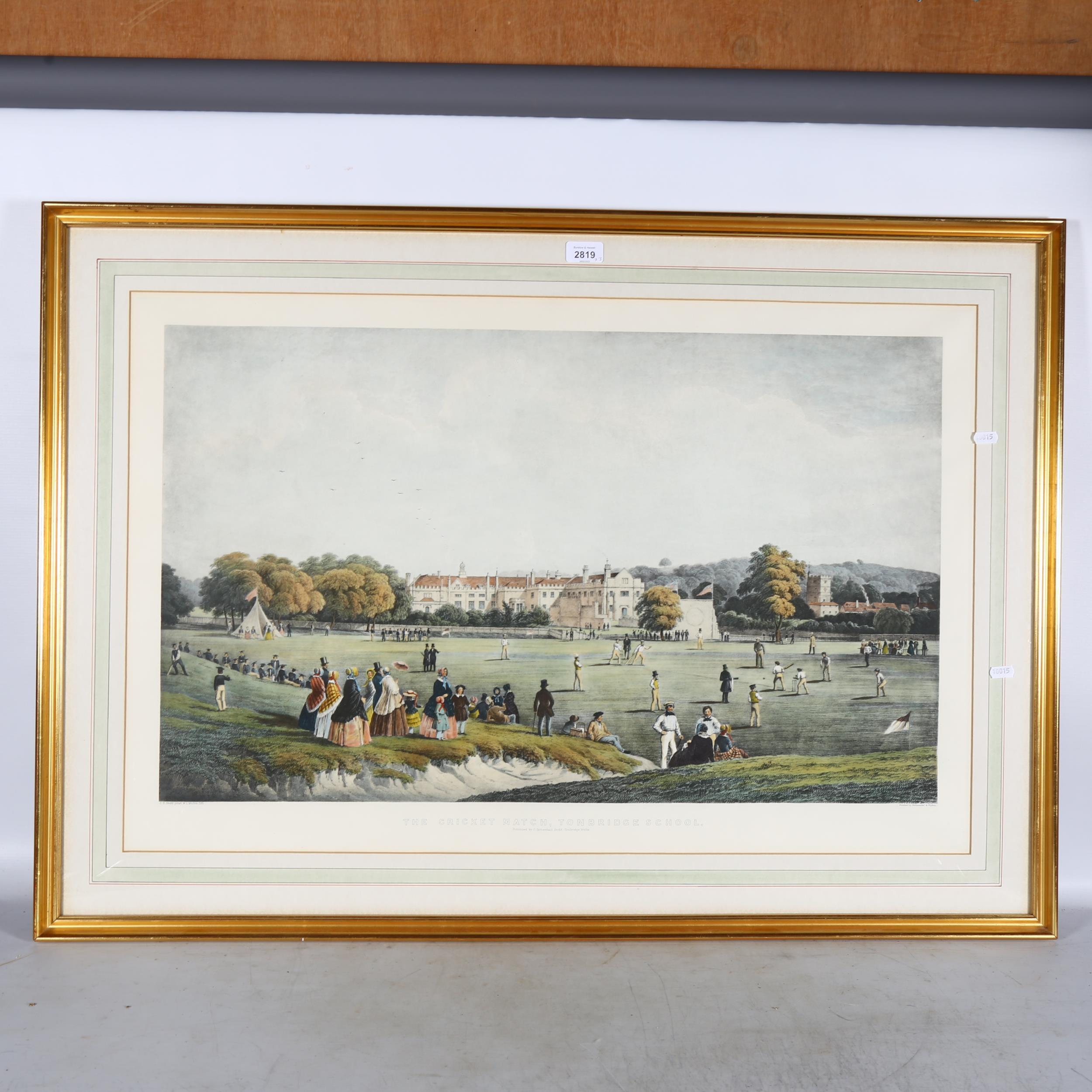 19th century coloured print, the cricket match, Tonbridge School, 75cm x 106cm overall, framed,