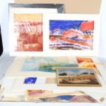 A folio of watercolours, gouaches, acrylics and oils etc, various artists and subjects
