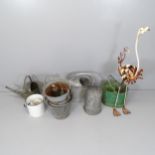 Various galvanised and painted metal items including two watering cans, three buckets, flamingo