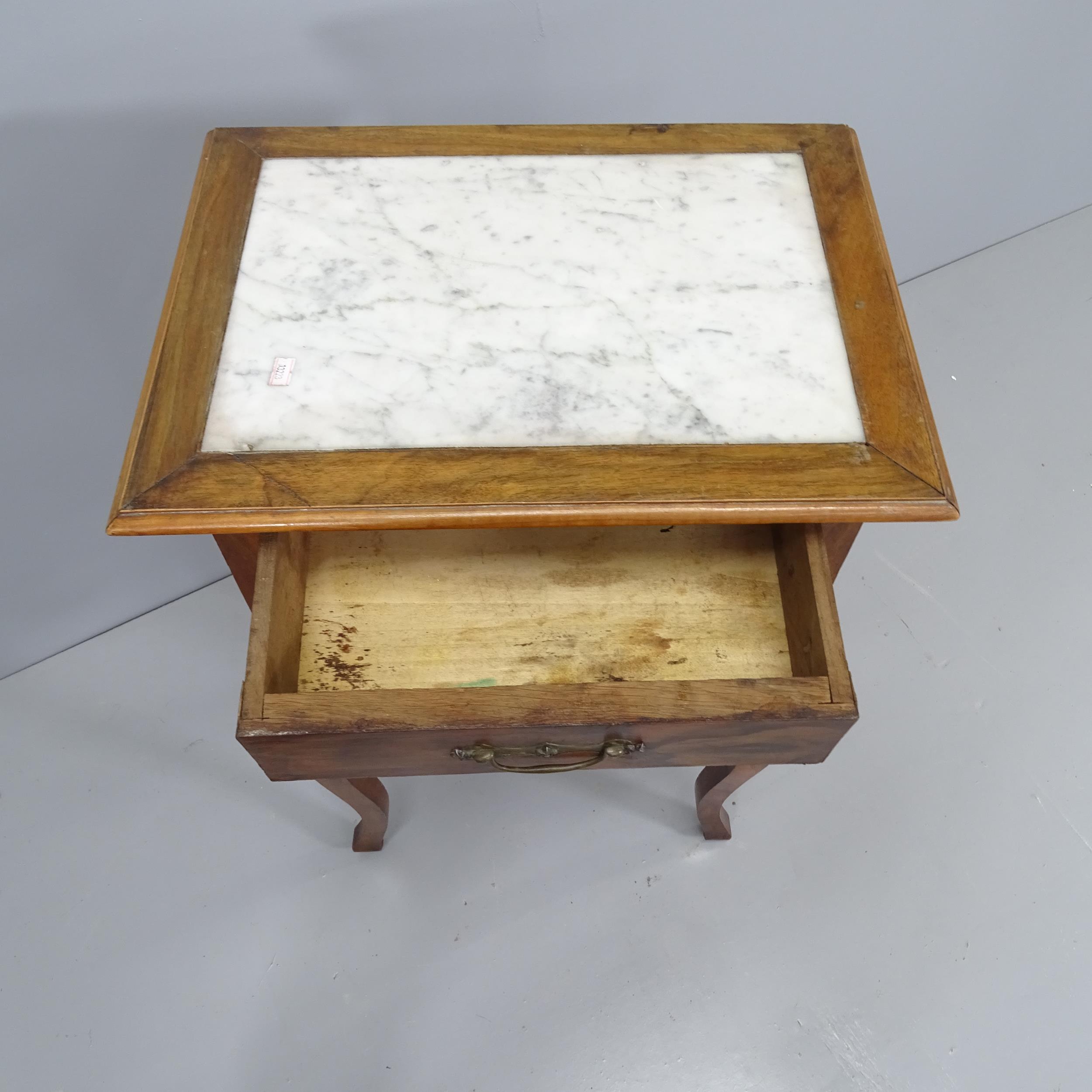 A French burr walnut three-drawer bedside table with inset marble top, raised on cabriole legs. - Image 2 of 2