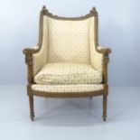 A 19th century French mahogany and upholstered parlour armchair. All over marks and scratches. Feels