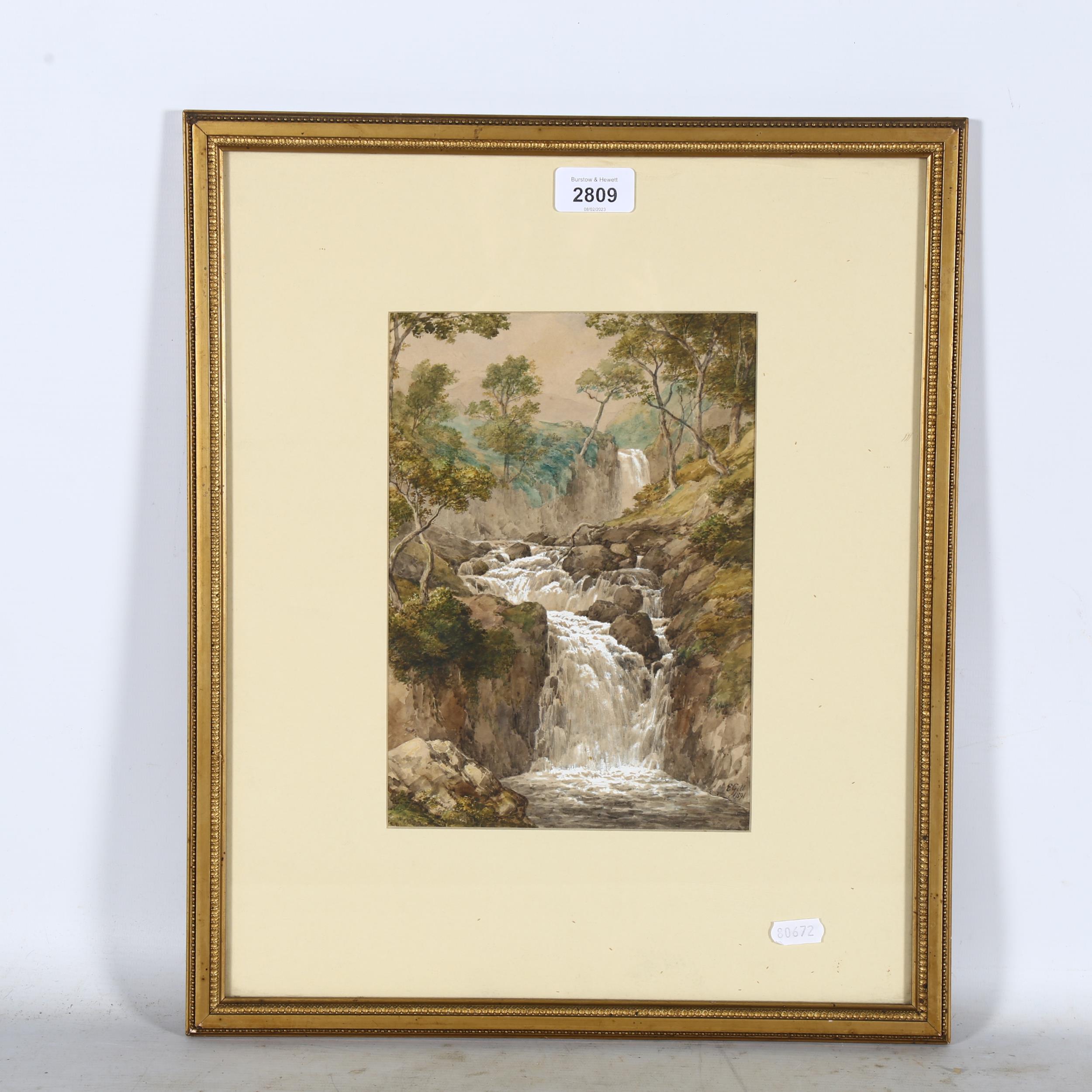 Edmund Gill, watercolour, falls at the Rydal, West Morland, signed and dated 1891, image 25cm x - Image 2 of 2