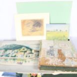 Folio of watercolours, oils and prints, including V Watson, cat study, various other artists and