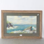 D M Bristow, watercolour, rocky coastal view, 52cm x 74cm overall, with Rowley Gallery label verso