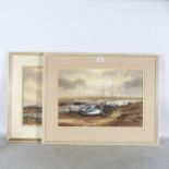 Keith Burtonshaw, pair of watercolours, fishing boats at low tide, 54cm x 69cm, framed