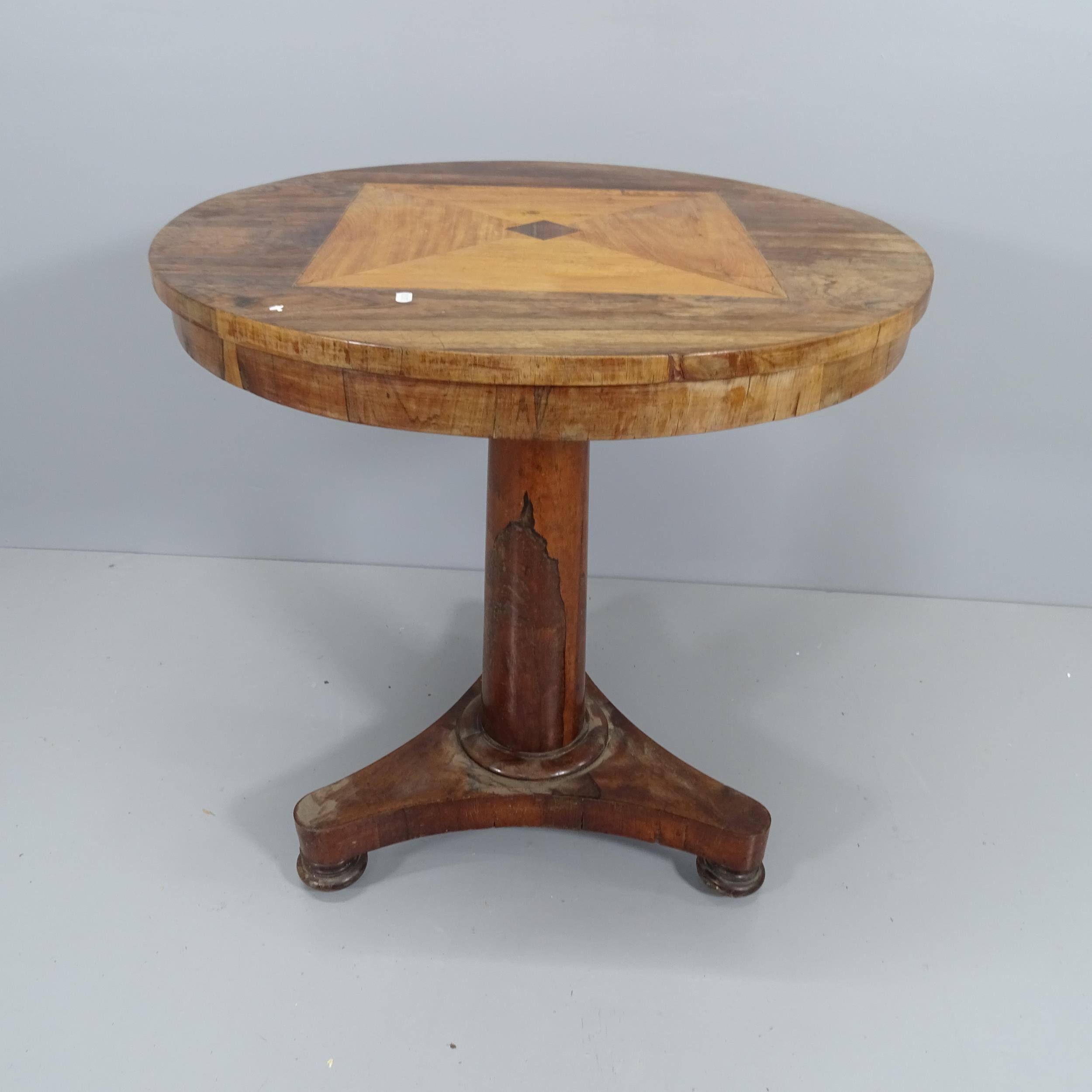 A 19th century Rosewood and parquetry top occasional table, raised on single column with platform