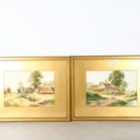 E Richards, pair of watercolours, figures by thatched cottages, 43cm x 55cm overall, framed