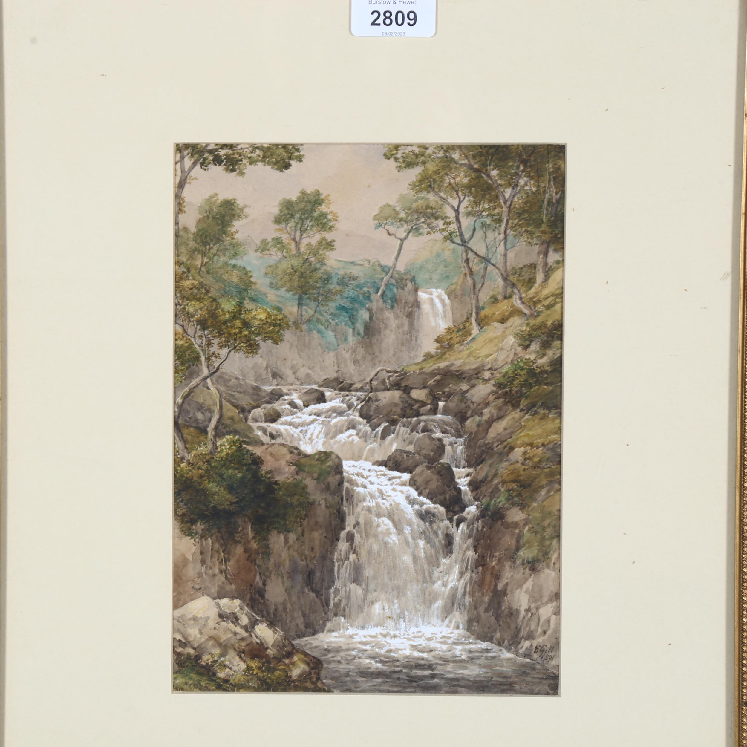 Edmund Gill, watercolour, falls at the Rydal, West Morland, signed and dated 1891, image 25cm x