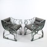 A pair of post-modern wrought iron armchairs, with Verdigris patinated frame in winged horse form,