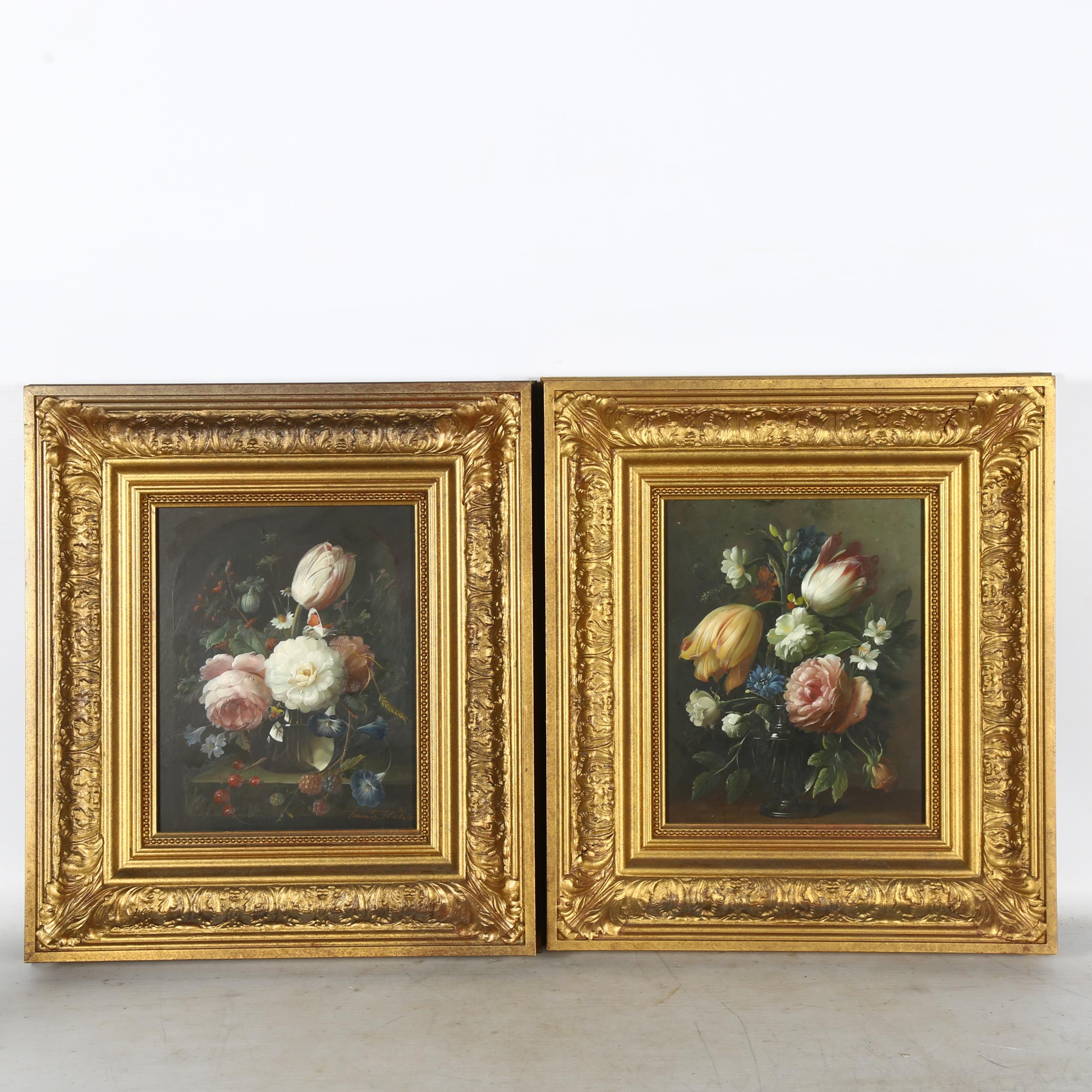 Thomas Webster, 20th century, a pair of oil on panels, still life vases of flowers, both signed,