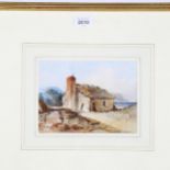 19th century watercolour, thatched cottage on the coast, unsigned, 14cm x 19cm, framed Good