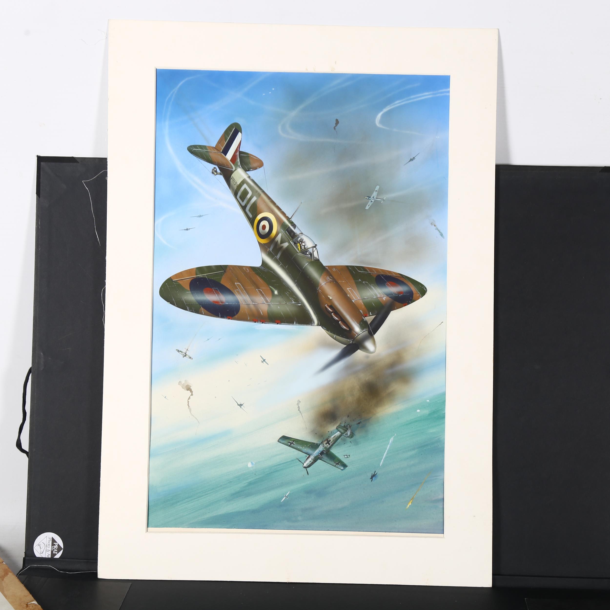 Milton Bradley, gouache, Spitfire dog fight, label verso, 49cm x 32cm, mounted Good condition