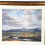 Pastels, panoramic landscape, indistinctly signed, 89cm x 78cm overall