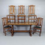 An antique oak refectory dining table, 169x76x72cm, and a set of five oak dining chairs with faux