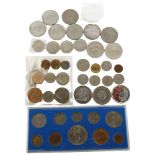 A collection of coins and banknotes, including 1893 Britannia crown and 1935 George & Dragon crown