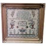 A late Georgian period needlework sampler in gilt frame, "Rebecca Rule Aged 10 years 1830", frame