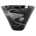 An Artel etched glass flared bowl, with crow on tree, makers name to base, height 16.5cm Good