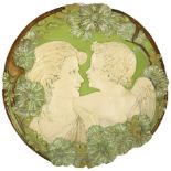 An Ernest Wahliss Art Nouveau wall plaque, depicting Cupid and Psyche, impressed back stamp to