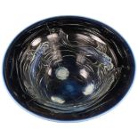 A Jobling's "opalique" footed glass dish with moulded fish decoration, etched maker's mark to rim