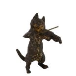 A bronze cold painted miniature of cat playing a fiddle, height 6cm Rubbing to paintwork otherwise
