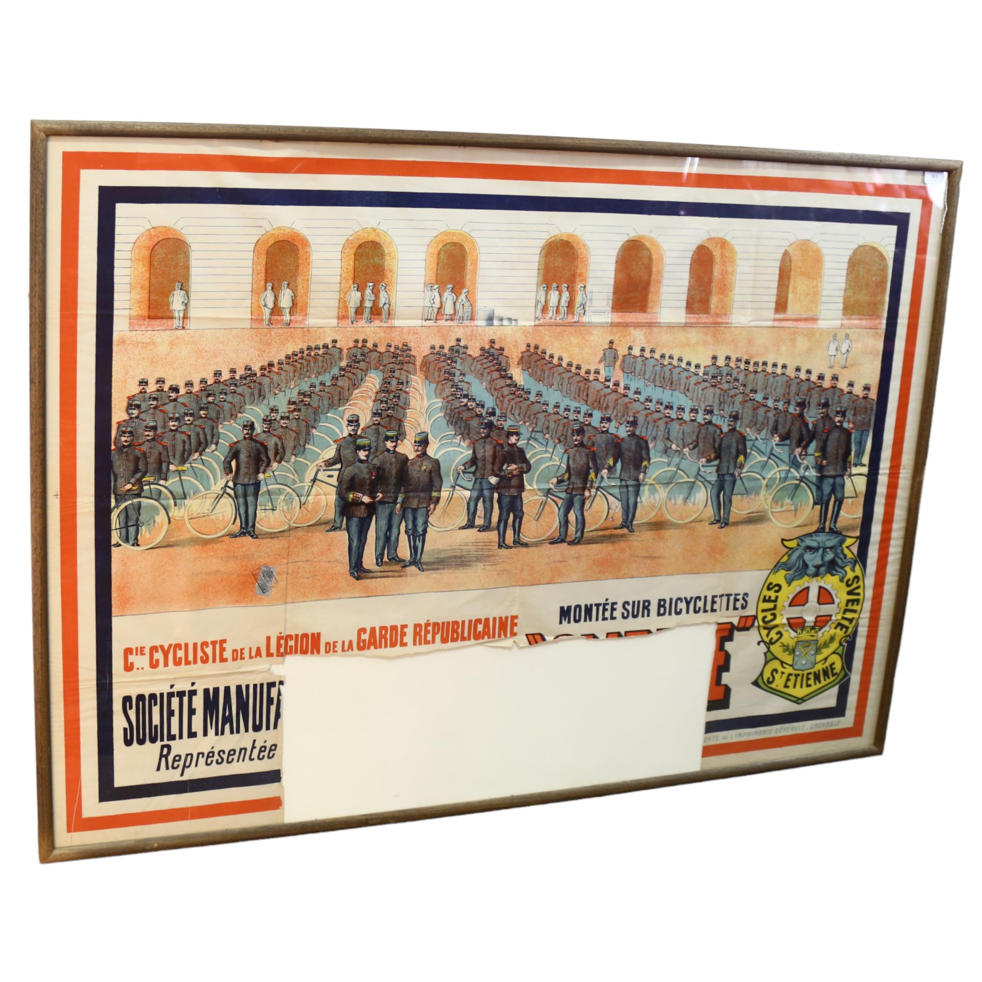 An early 20th century advertising poster for French Police Bikes, framed, 163 x 123cm Panel to