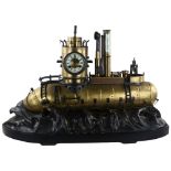 A large scale 20th century model of a submarine gunship with clock and barometer to turret, brass