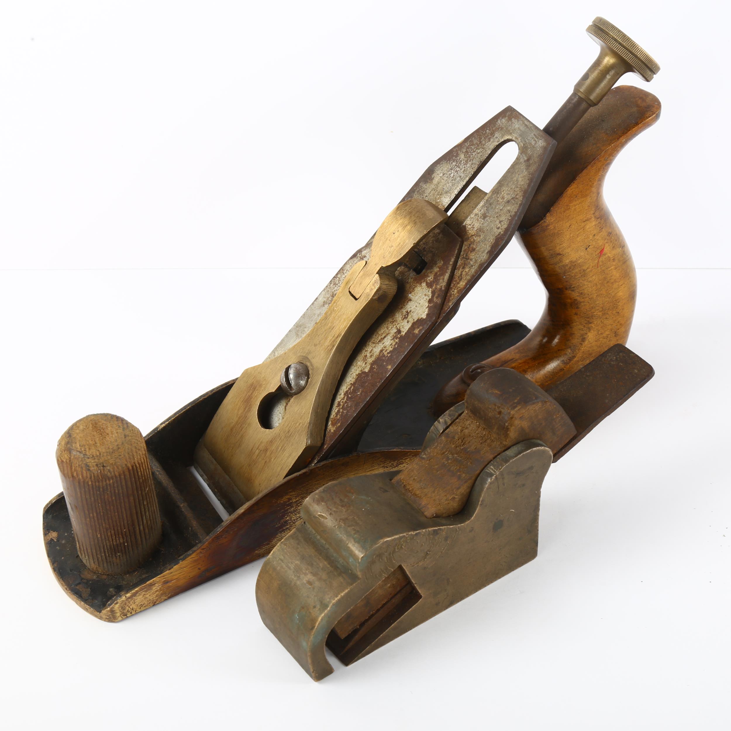 A bronze-based 19th century smoothing plane, a bronze bull nosed plane and 5 folding rules, no - Image 2 of 3