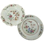 A Chinese famille rose plate and similar scalloped edge dish, diameter 23cm Both good condition,