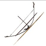 A rosewood cross-bow, early 20th century, another bow, and 2 bamboo spears