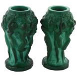 A pair of malachite pressed glass vases, in the style of Lalique, featuring 6 nudes around