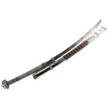 A long Burmese Dha sword in bamboo sheath, with extensive silver decorated sheath and handle, length