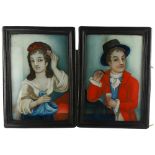 2 x 19th century Continental reverse glass painted portraits, 38cm x 27.5cm Glass in good condition,