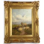 19th century English School, sheep in extensive landscape, oil on wood panel, indistinctly signed,