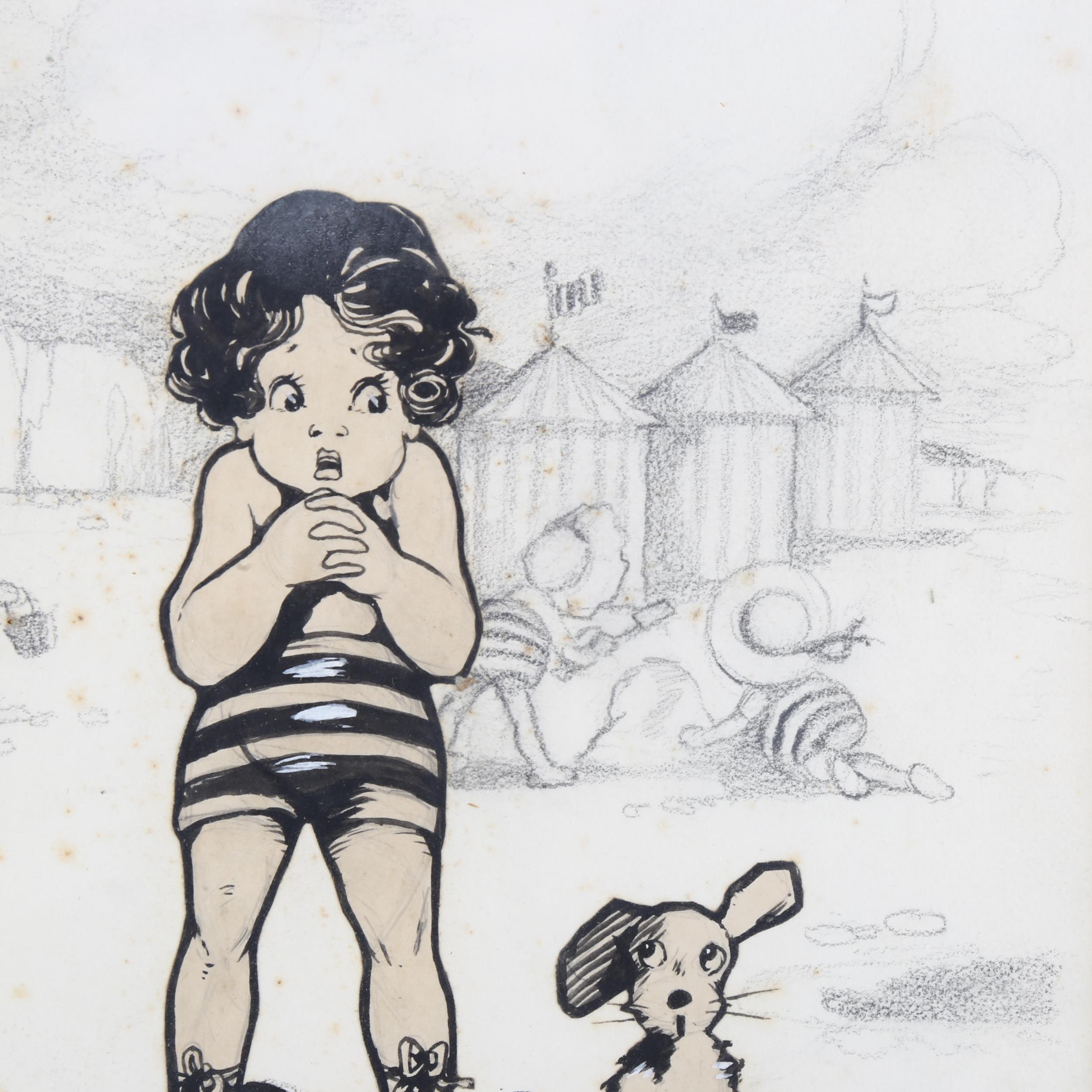 Agnes Richardson, original illustration, children at the beach, pen ink and pencil, signed, 32cm x - Image 4 of 4