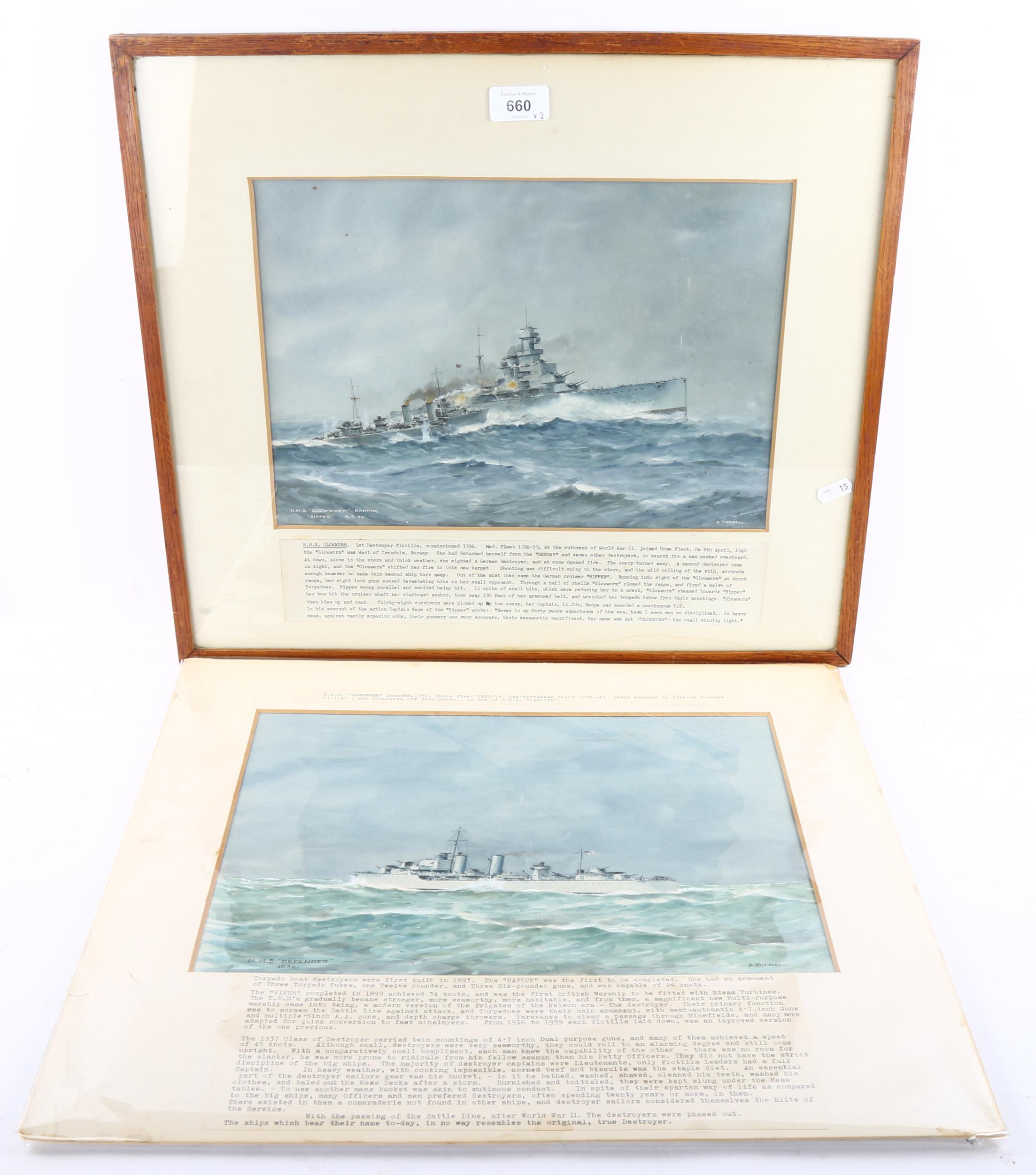 Erskine Tufnell, HMS Defender 1932, and HMS Glowworm ramming Hipper 8.4.40, 24cm x 35cm, 1 framed