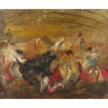 Spanish School, bullfighting scene, mid-20th century oil on board, unsigned, 50cm x 60cm, framed